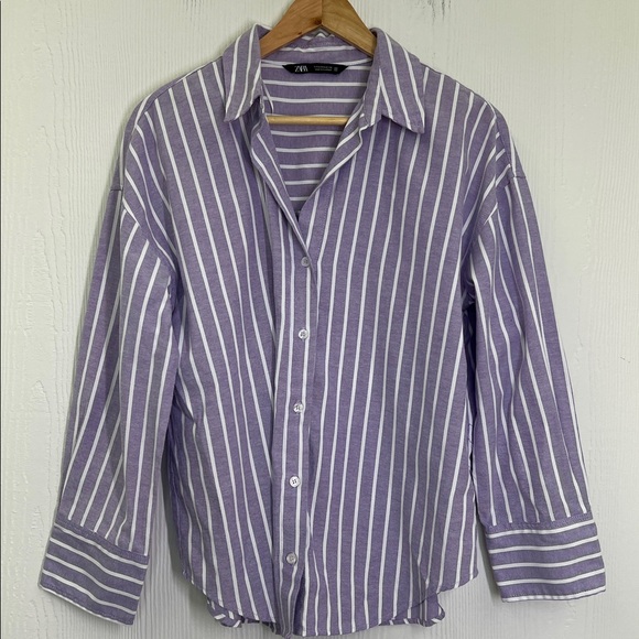 Zara - Purple Striped Collared Button Down Long Sleeve Blouse Size Small - Picture 6 of 9